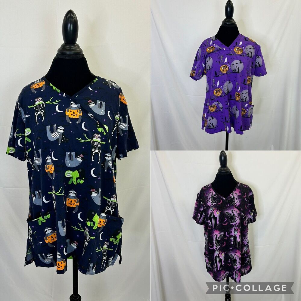 Lots of 3 XL Halloween Scrub Tops Disney Villains Maleficent Sloths Skeletons FS
